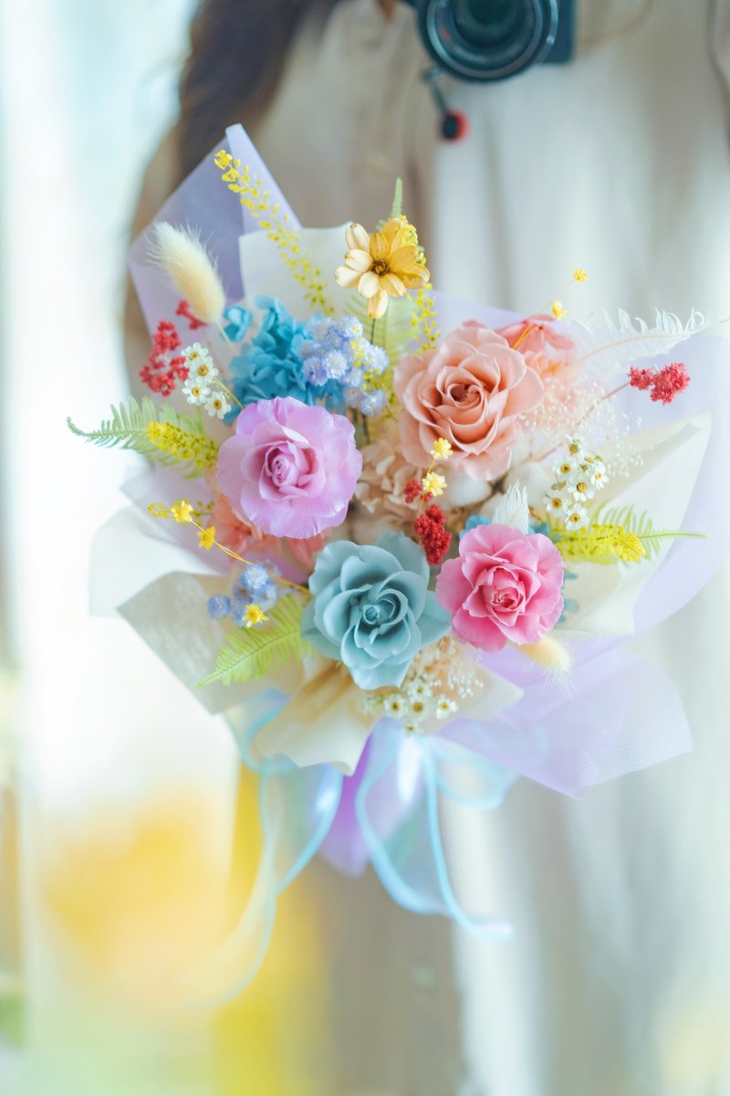 缤纷永生玫瑰花束 多巴胺 永生花 告白花束 生日礼物 七夕情人节 - 干燥花/捧花 - 植物．花 