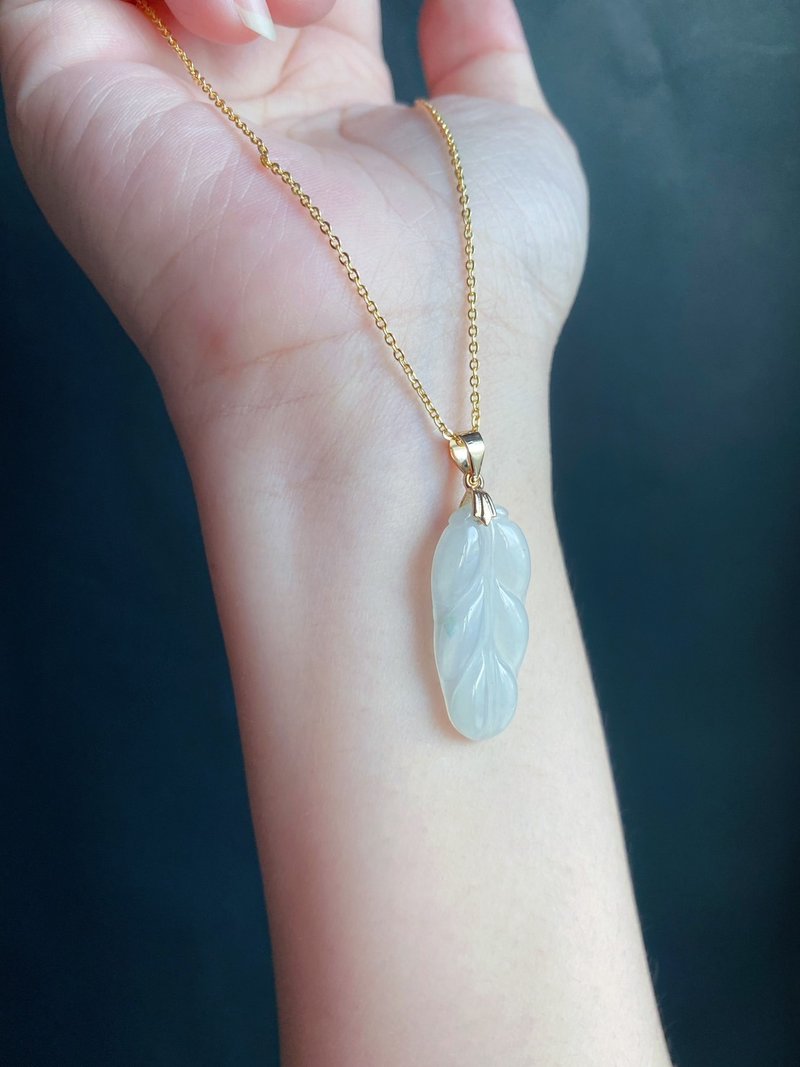 天然缅甸玉翡翠- 冰细糯 叶子 项链 礼物 一叶致富 礼物 - 项链 - 玉石 绿色