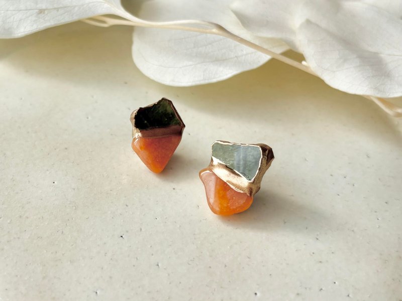 【可选金属配件】织部烧 金继 耳针 / 耳夹 绿色 橘色萤石 天然石 传统工艺 No.468 - 耳环/耳夹 - 陶 绿色