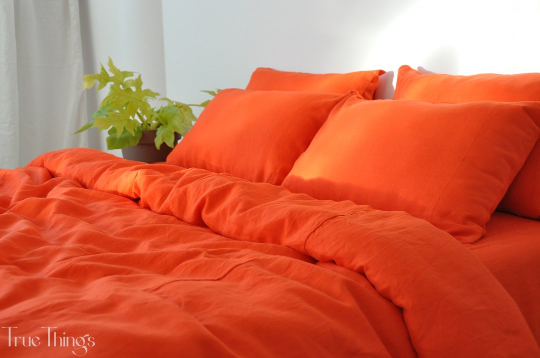 Bright orange linen duvet cover / Softened linen / Comforter cover / Quilt cover - 寝具 - 亚麻 橘色