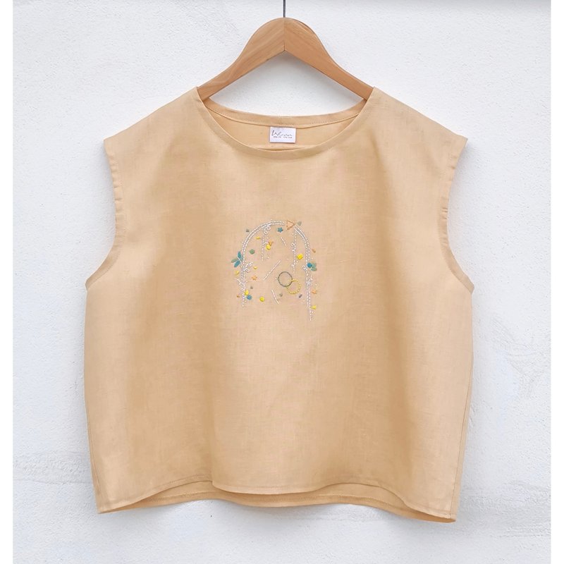 刺绣 | 亚麻 | 棕色无袖上衣 - 女装上衣 - 棉．麻 咖啡色