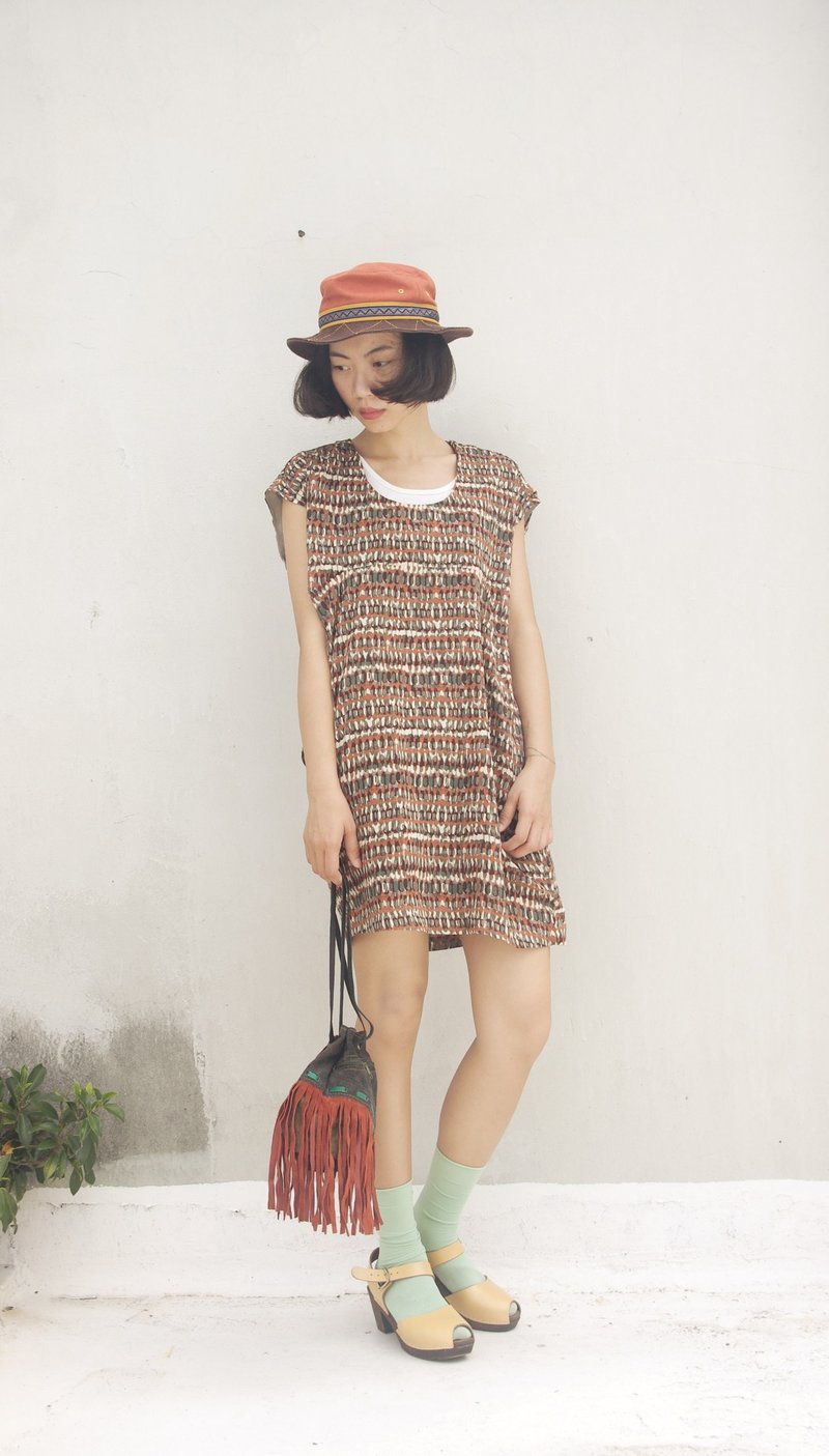 4.5studio-寻宝古着-色块印花复古洋装 - 洋装/连衣裙 - 聚酯纤维 咖啡色