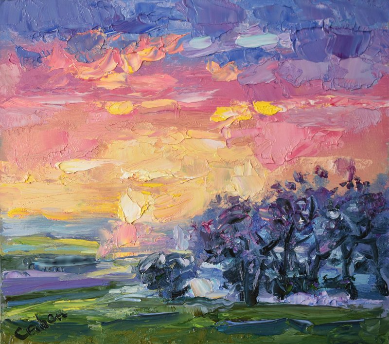 Landscape Original Painting Impressionism Art Trees Sky Sunset Artwork 景观 油畫原作 - 海报/装饰画/版画 - 木头 多色