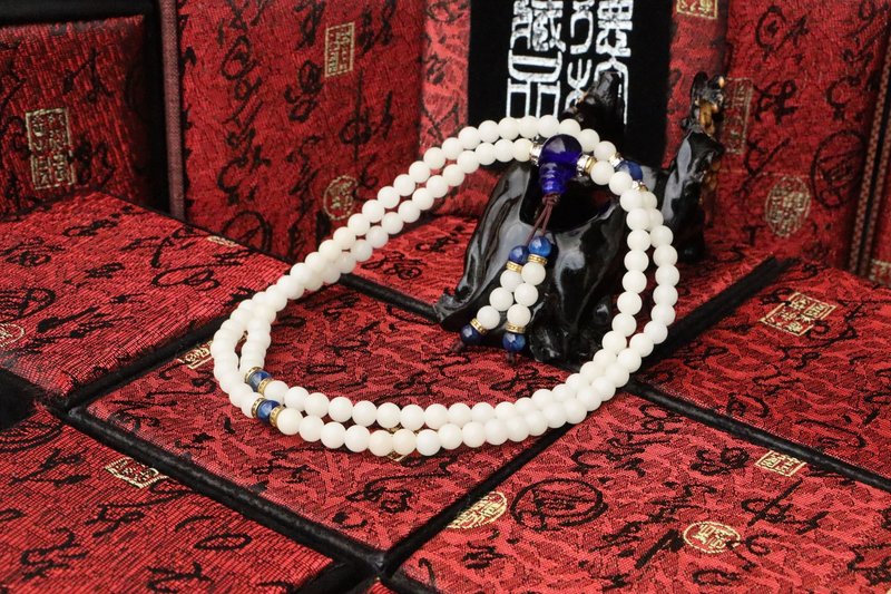 白玉菩提根 6mm 圆珠 108颗 蓝琉璃佛头 蓝晶石 菩提子 定制化设 - 手链/手环 - 植物．花 