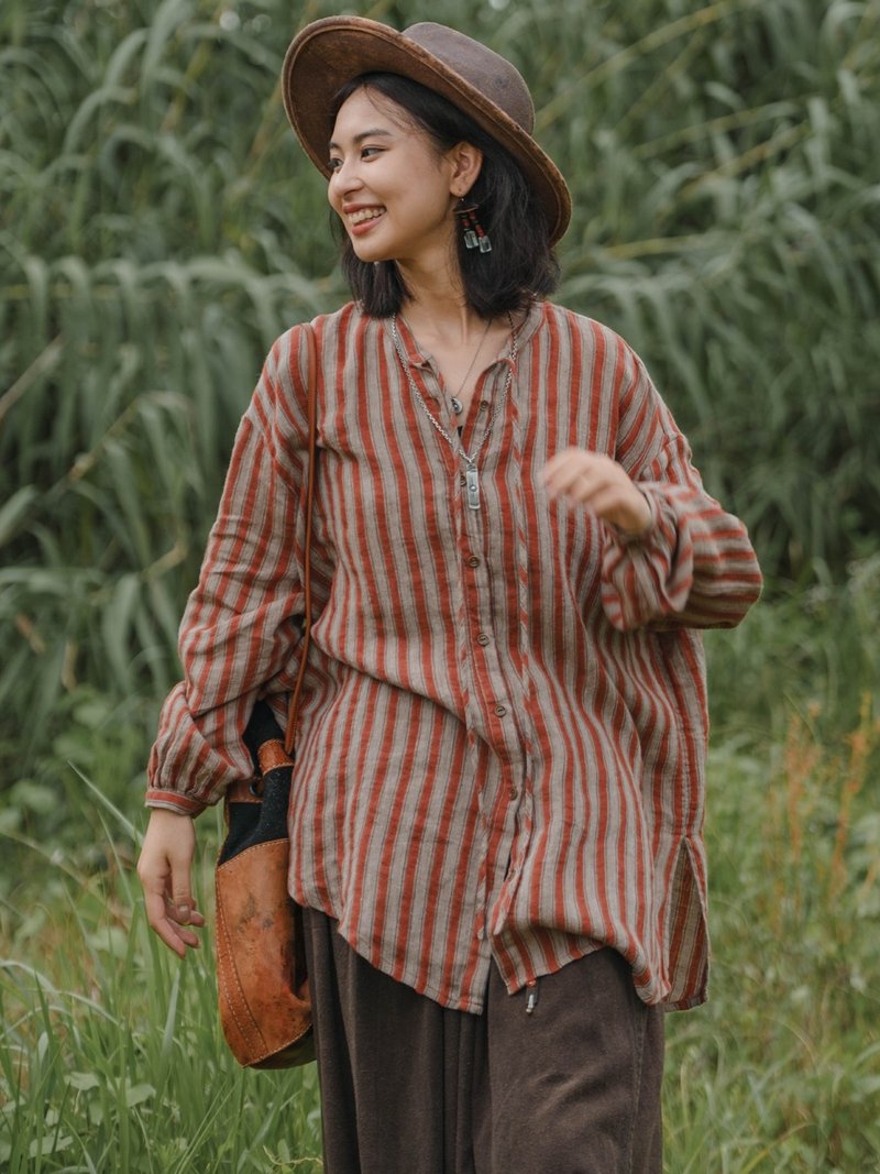 磚紅條紋 色織亞麻條紋長襯衫 寬鬆上衣 - 女装衬衫 - 棉．麻 红色
