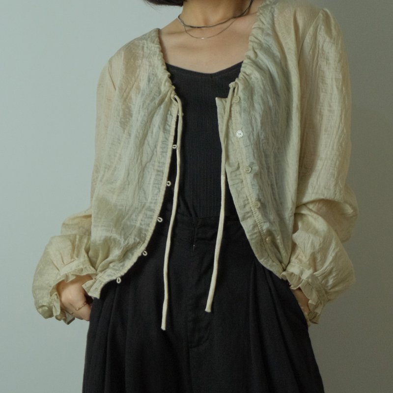 秋季米色宫廷风透肤收褶长袖衬衣 - 女装上衣 - 聚酯纤维 卡其色