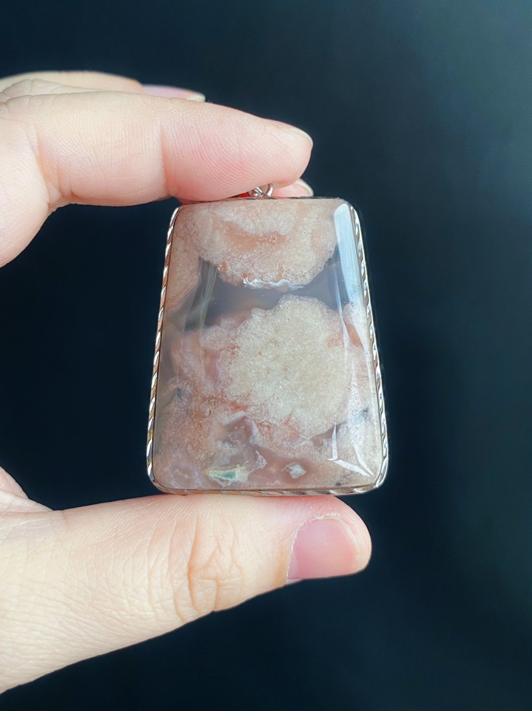618 樱花玛瑙  灰冰底粉大花 项链 闺密 天然石 礼物 S925 银镶 - 项链 - 水晶 灰色