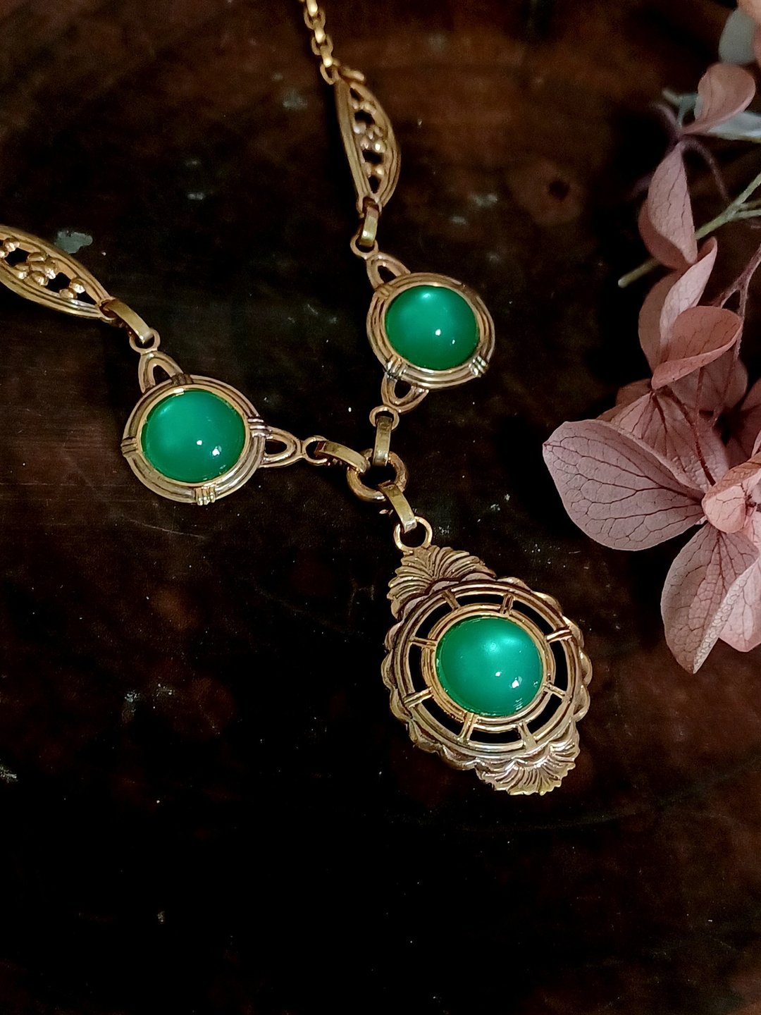 vintage jewelry 复古民族风绿猫眼垂坠 项链 - 项链 - 其他金属 