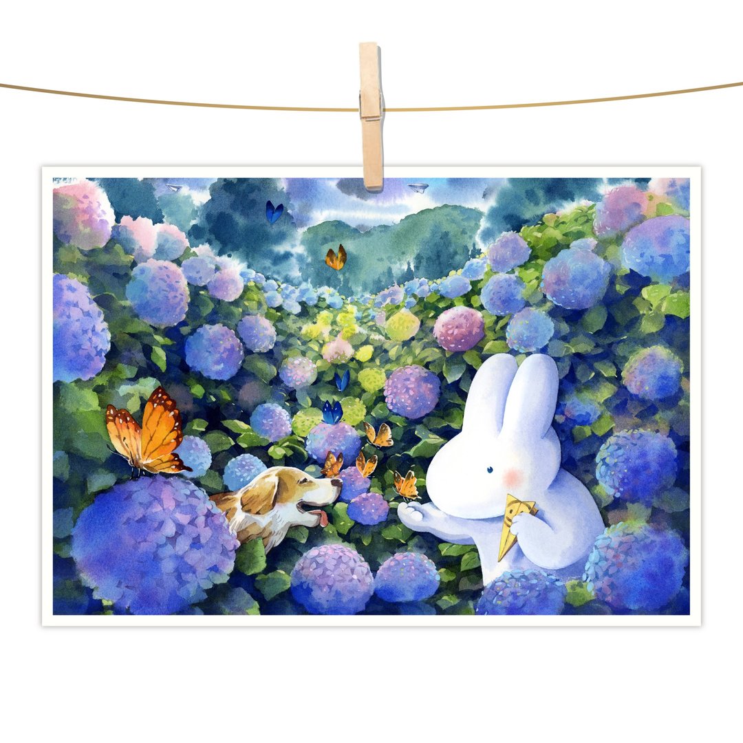 afu水彩插画明信片 - 绣球花园的访客 - 卡片/明信片 - 纸 