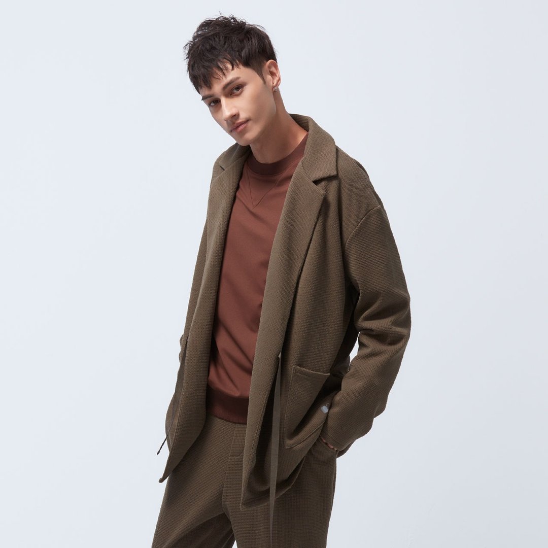 不可退换 /苏活华夫格绑带西装领外套-沥青 - 男装西装外套 - 聚酯纤维 绿色