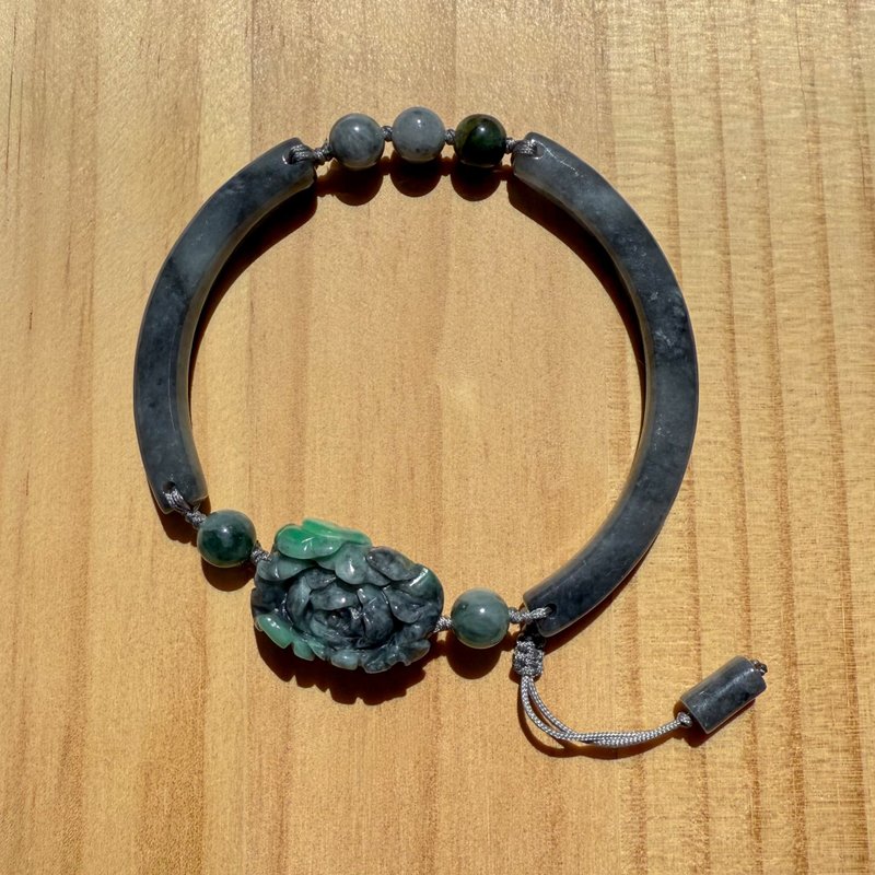 手工翡翠手镯 - 午夜牡丹 - 手链/手环 - 玉石 黑色