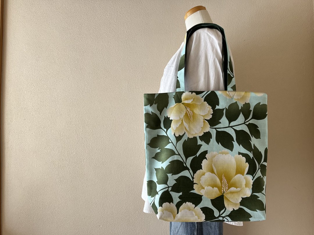 Yukata tote bag A4 compatible hibiscus made to order - 手提包/手提袋 - 棉．麻 绿色