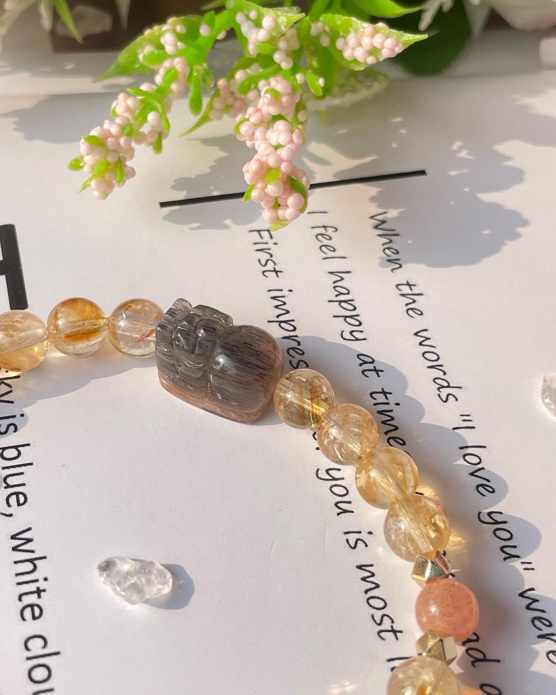 14K包金 招财水晶 黄水晶 黑金骨干太阳石 貔貅招财 橙月光 礼物 - 手链/手环 - 水晶 多色