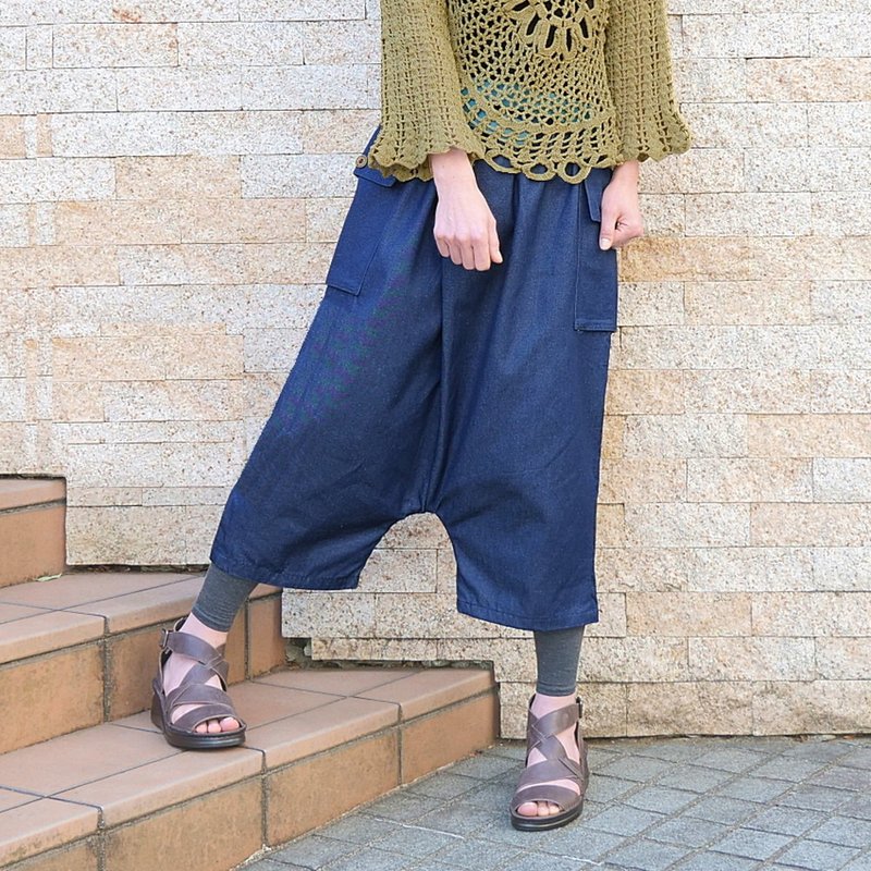 宽松裤裆剪裁 ・ 裹身设计 ・ 丹宁伦裤 ・ 深蓝色 ・d-pn508 - 女装长裤 - 棉．麻 蓝色