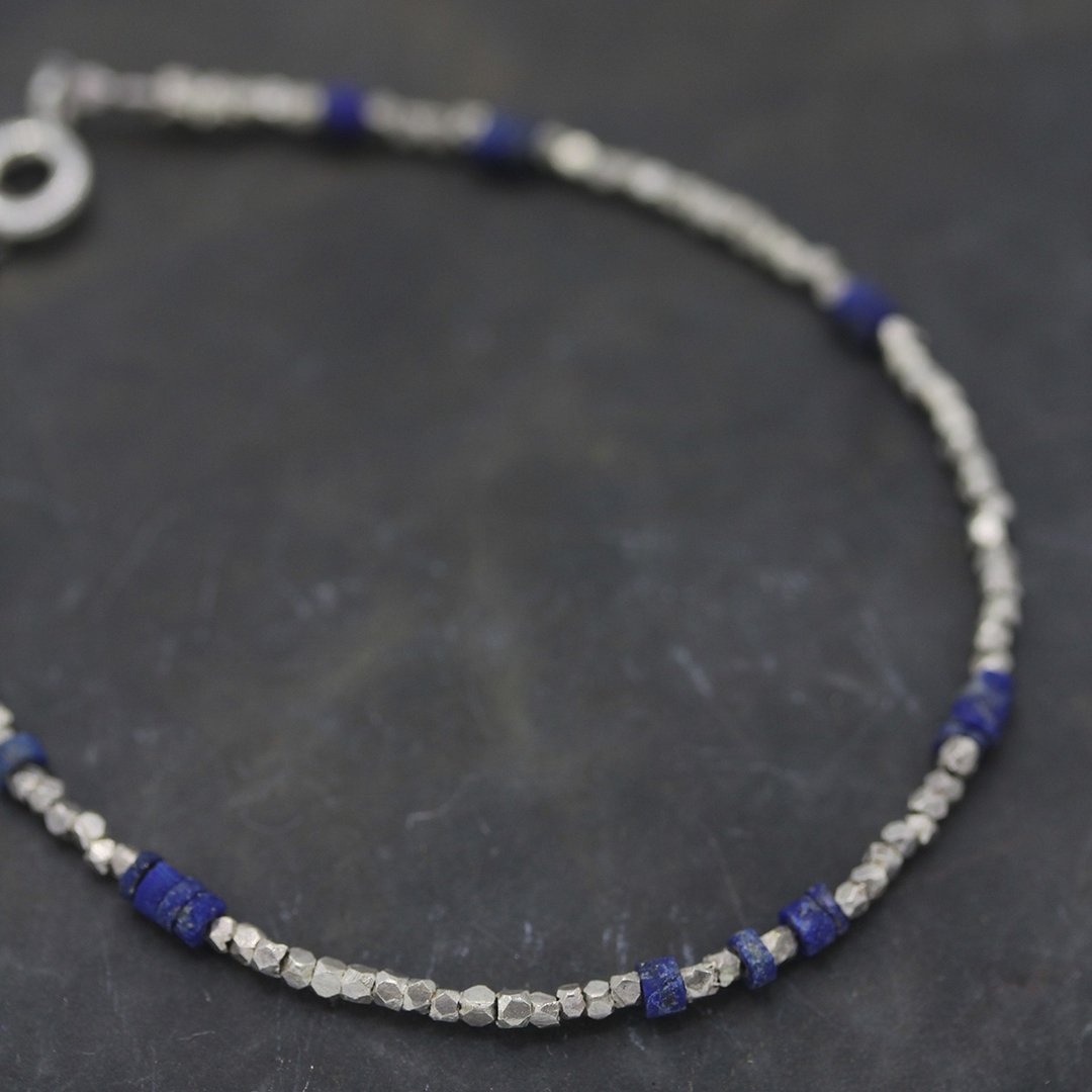 Lapis Lazuli and silver faceted cube beads bracelet (B0071A) - 手链/手环 - 银 