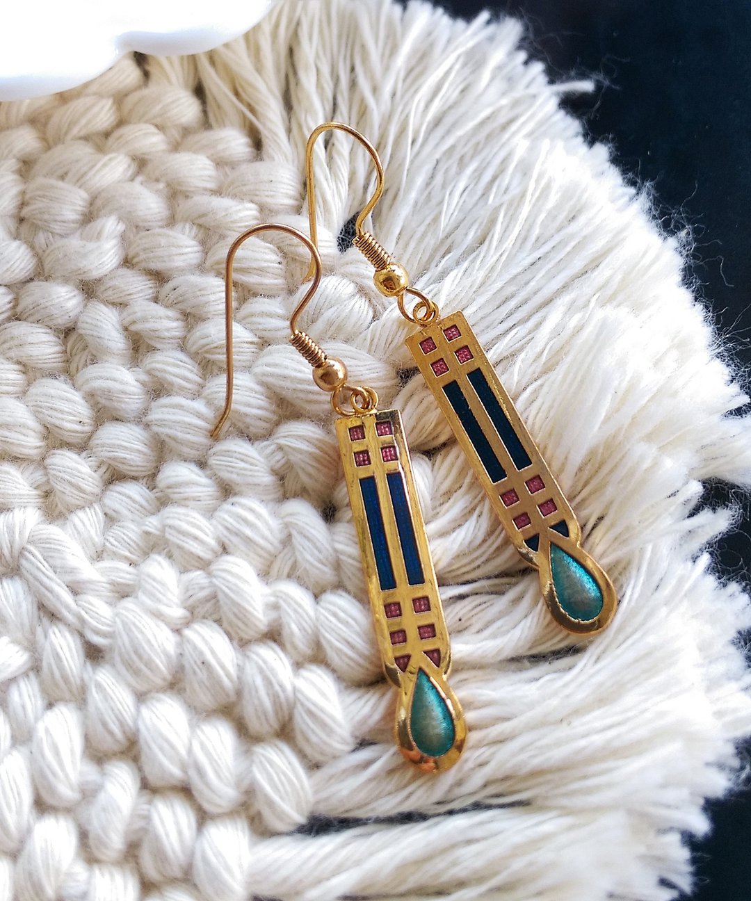 Vintage Jewelry 西洋古董饰品 景泰蓝 现代几何 耳勾 针式耳环 - 耳环/耳夹 - 其他金属 金色