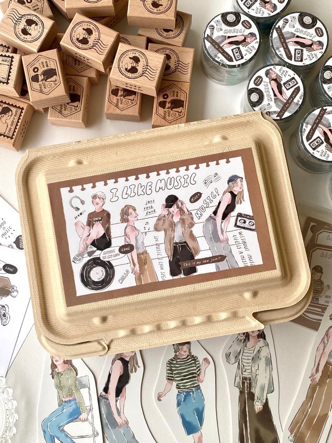 Cozyroom/女子听音乐纸胶带印章文具礼盒/9折优惠福袋 - 纸胶带 - 纸 咖啡色