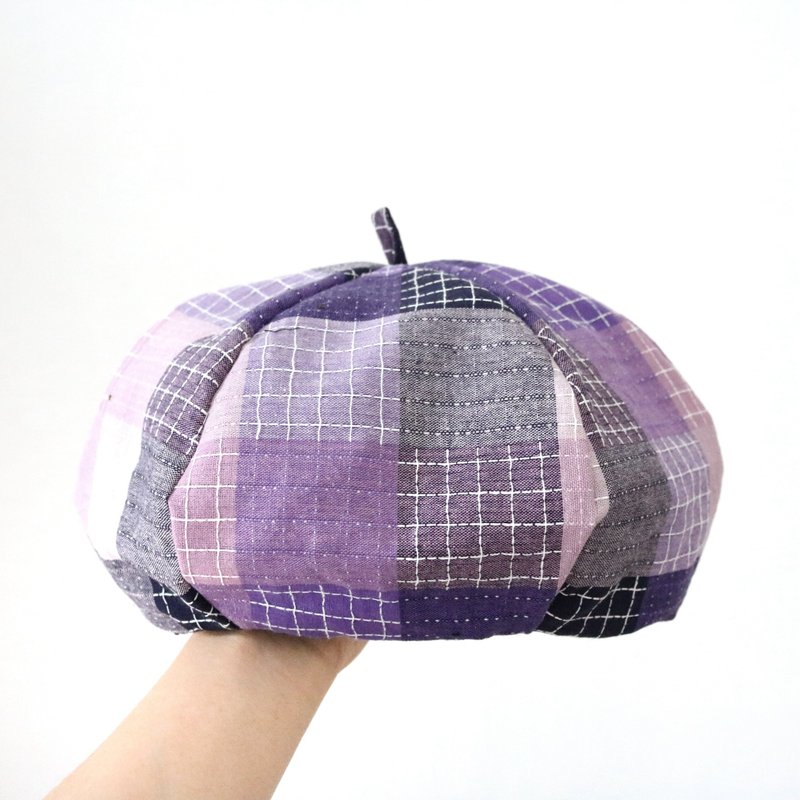 紫色格子拼布 手工双面六角帽子 画家帽 - 帽子 - 其他材质 紫色