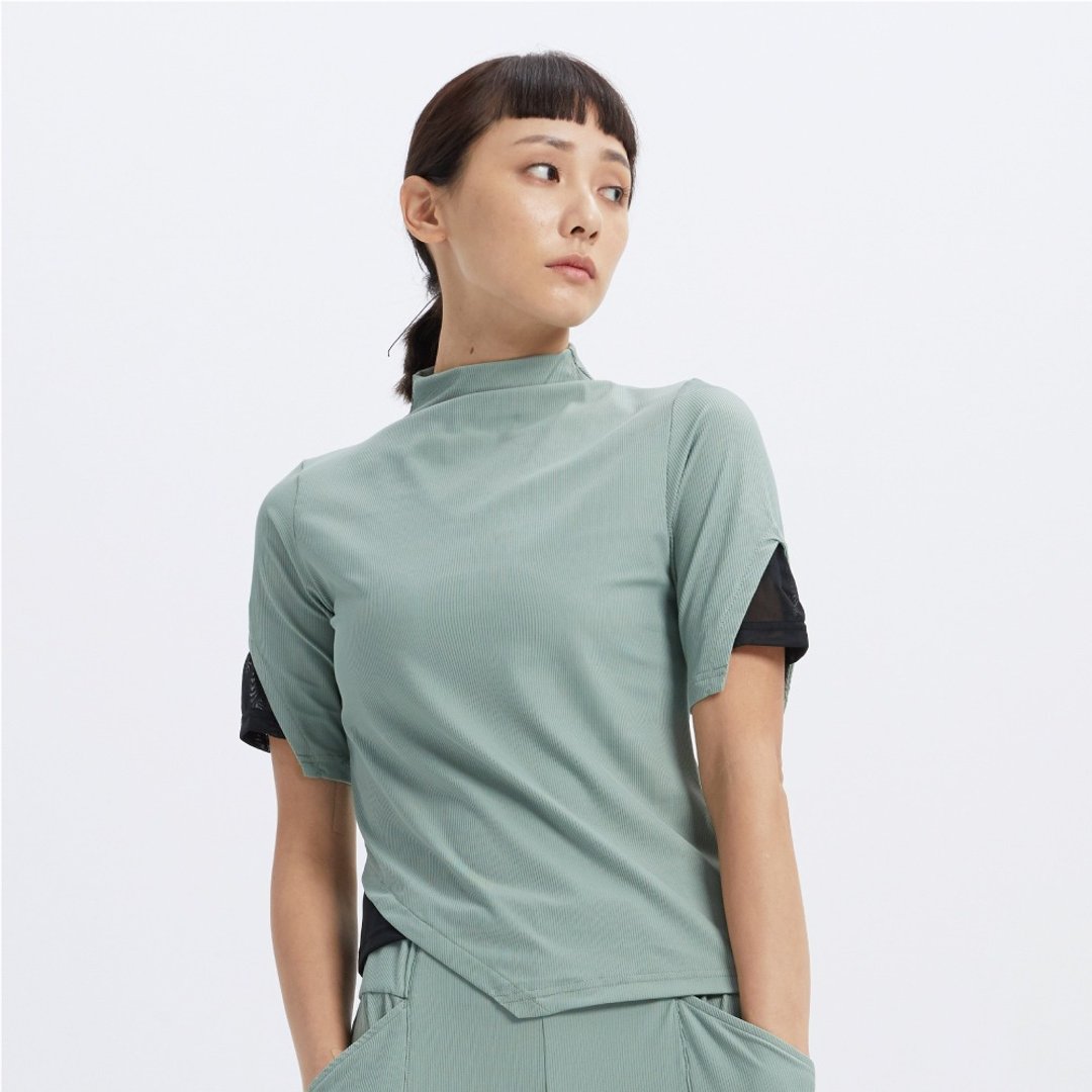 URBAN - 高领五分袖上衣-灰绿 - 女装 T 恤 - 聚酯纤维 绿色