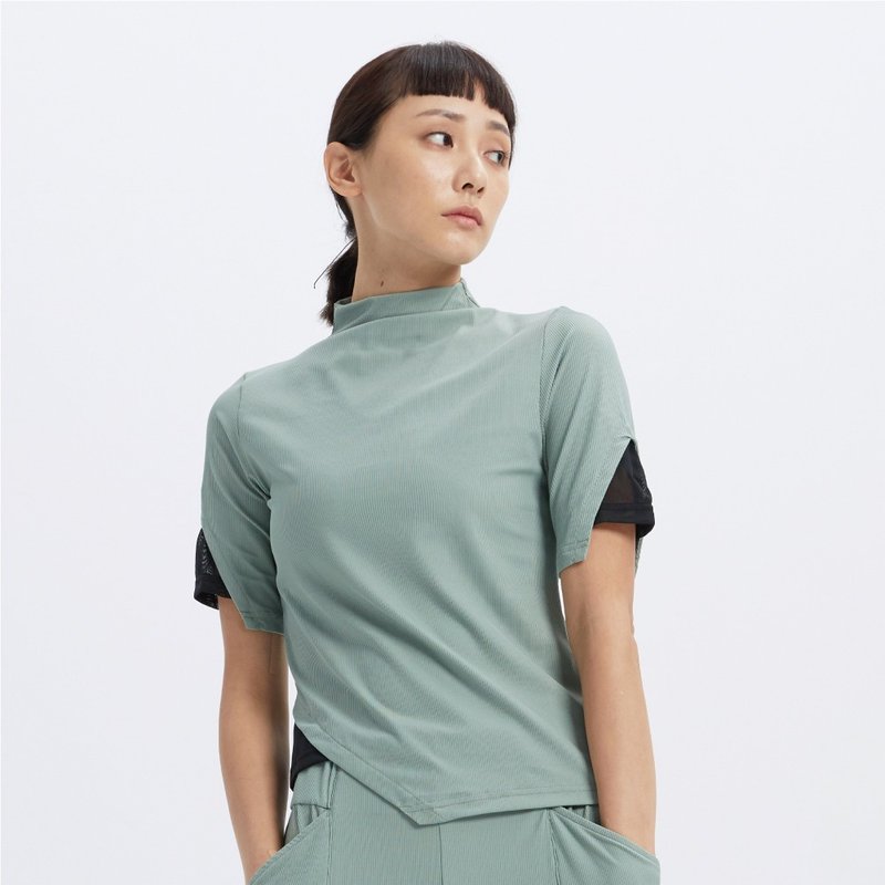 URBAN - 高领五分袖上衣-灰绿 - 女装 T 恤 - 聚酯纤维 绿色