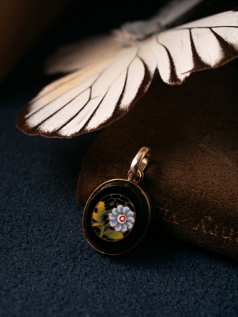 1880s 法国 微型马赛克 天蓝小雏菊改制吊坠 - 项链 - 贵金属 蓝色