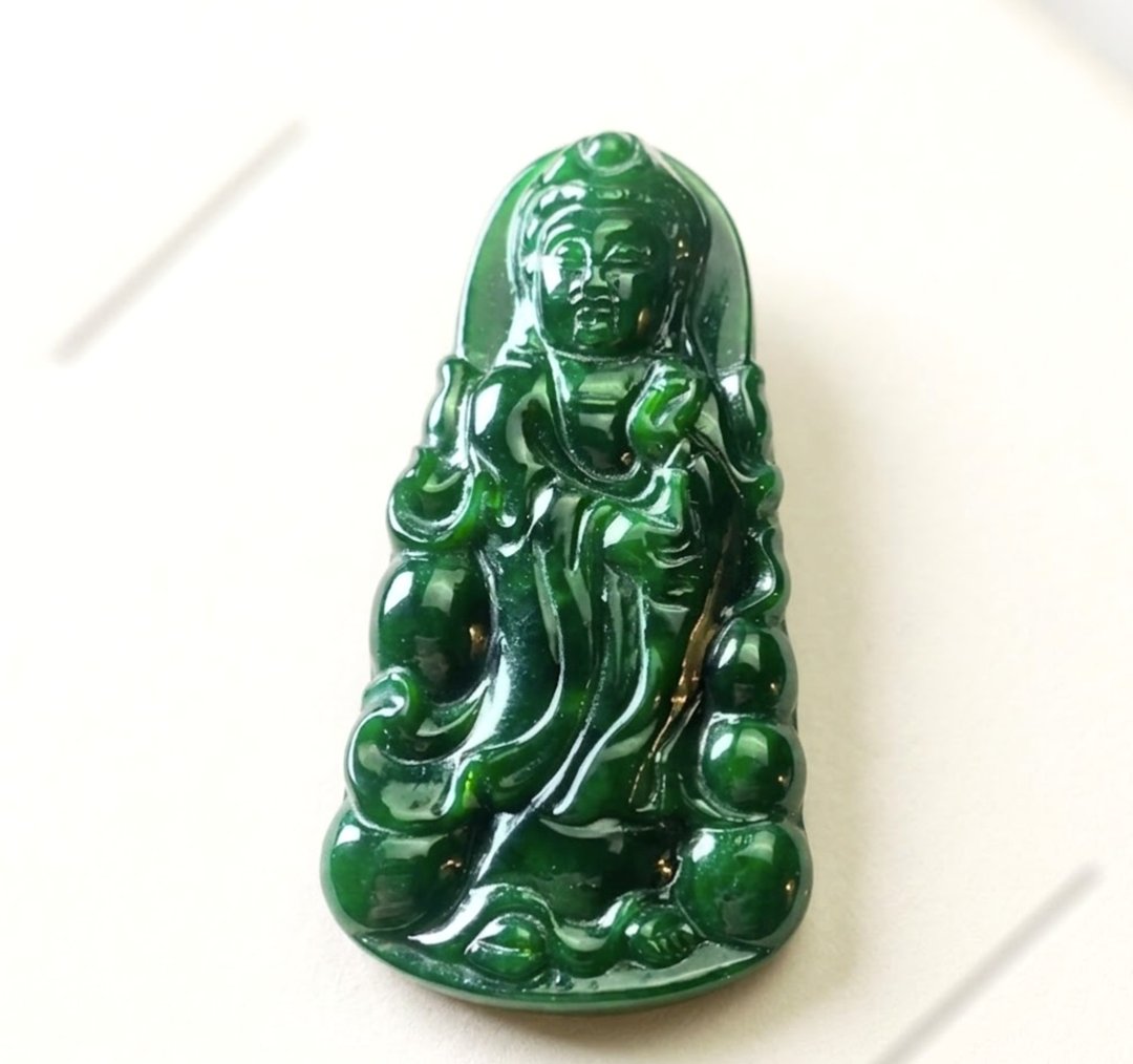 老花青翡翠观音菩萨 | 天然缅甸玉A货翡翠 | 送礼 - 吊饰 - 玉石 绿色