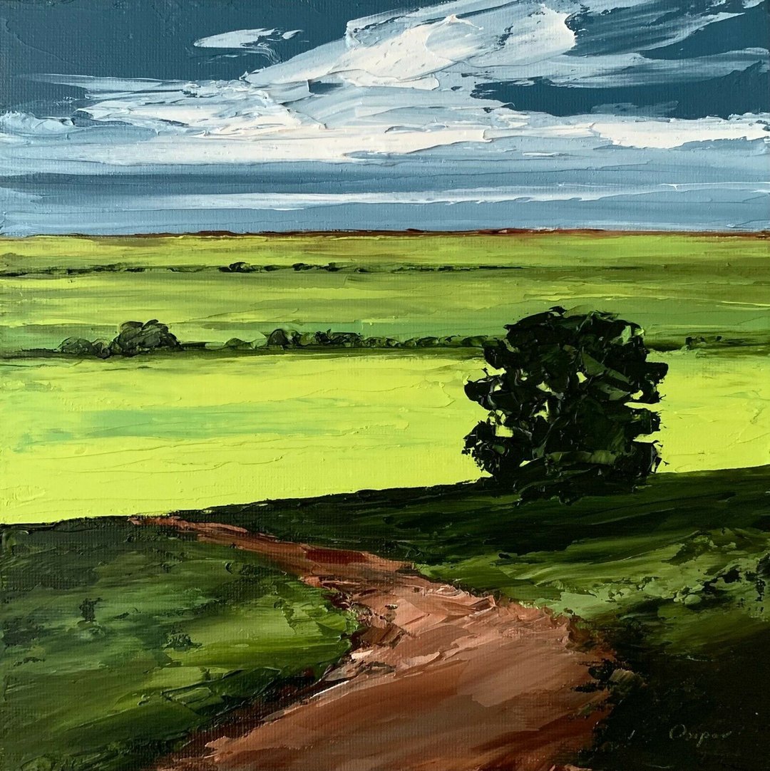 Original Green Field Landscape Canvas Oil Painting Stormy Landscape Impasto Art - 墙贴/壁贴 - 棉．麻 多色