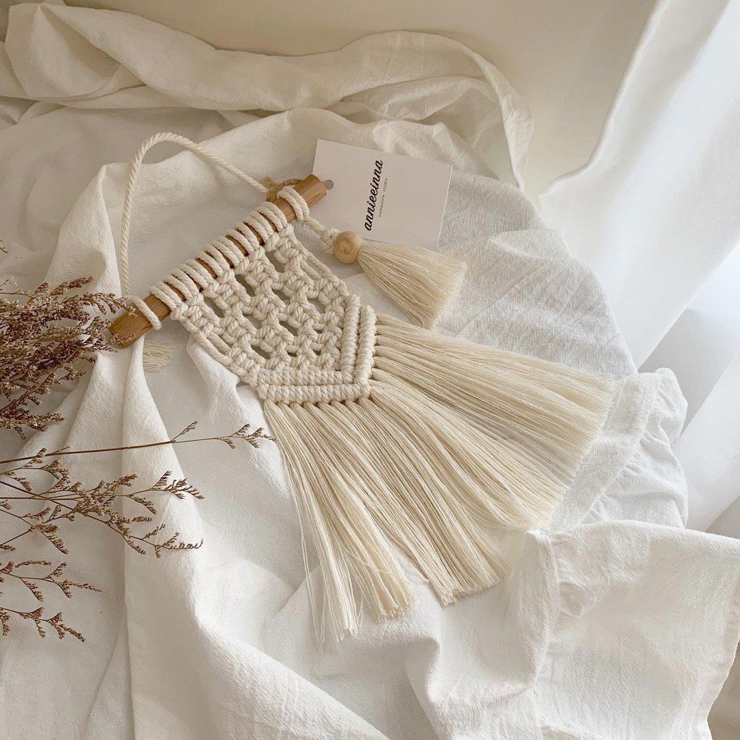 Macrame 编织 流苏 珠珠 小型 吊饰 挂饰 - 摆饰 - 棉 白色