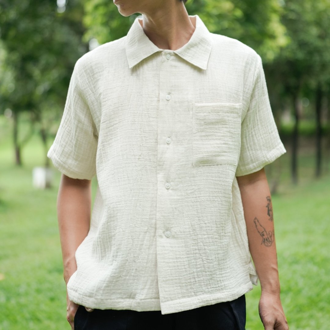 Beige Sol Shirt 压皱感天然棉质夏威夷衬衫 (sol - 男装衬衫 - 棉 白色