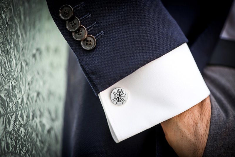 罗盘袖扣 - 男士结婚袖扣 - 新郎袖扣 - 袖扣钉字母 - 银色袖扣 - 袖扣 - 纯银 银色
