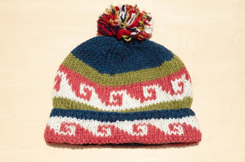 圣诞礼物 手工编织纯羊毛帽/ 编织帽 / 针织毛帽 / 内刷毛手织毛帽 / 毛线帽 - 森林色系 东欧风几何图案 ( 手工限量一件 ) - 帽子 - 羊毛 多色
