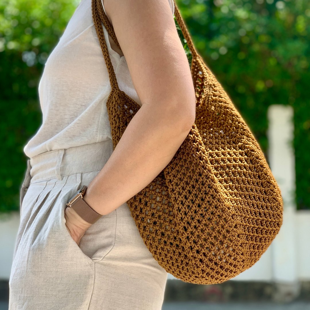 Linen Crochet Tote Bag in Coffee Color  手工钩针编织托 - 手提包/手提袋 - 聚酯纤维 咖啡色