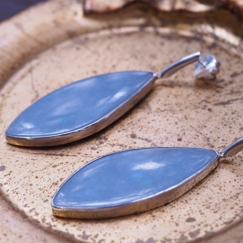 天使石 硬石膏 大颗 纯银 手工耳环 Angelite earrings - 耳环/耳夹 - 半宝石 蓝色