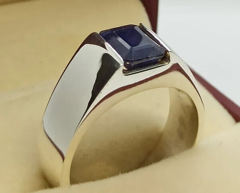 天然男士蓝色蓝宝石 4 克拉祖母绿切割男士纯银 925 首饰 - 戒指 - 宝石 蓝色