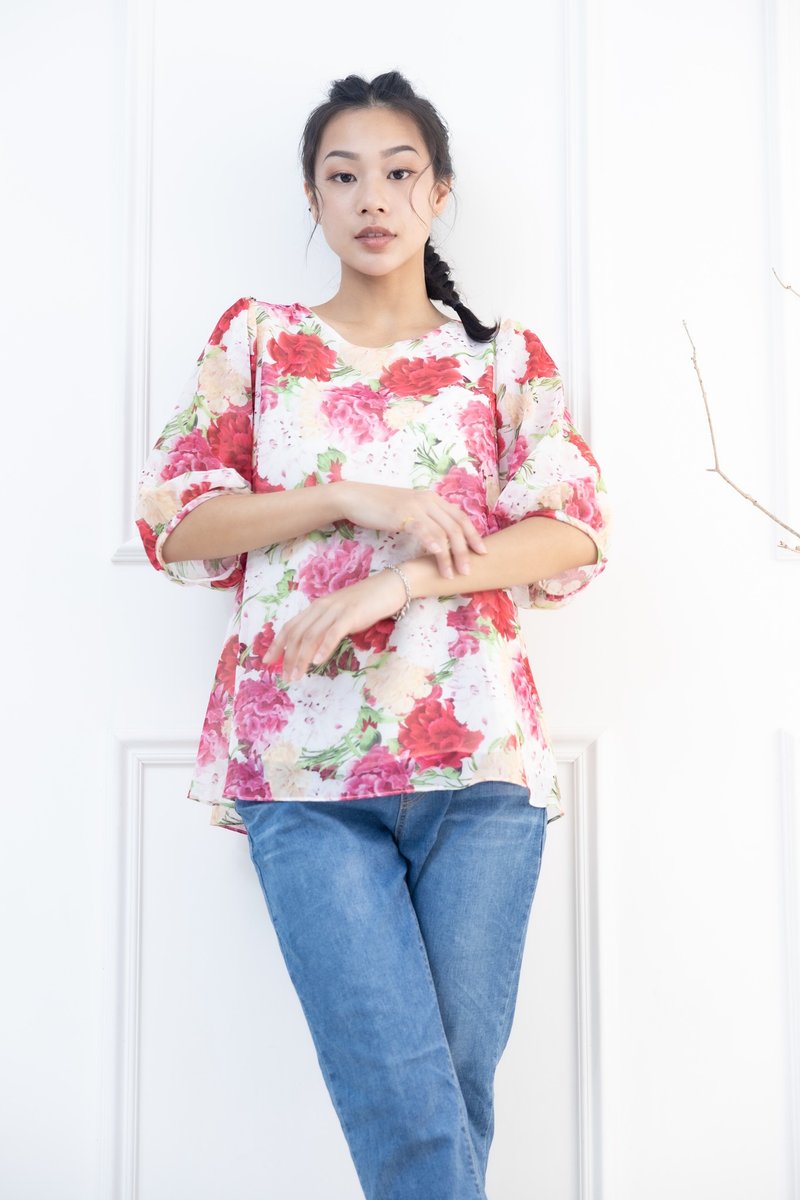 满版粉.红.橘.白花材.绿叶七分袖上衣 - 女装上衣 - 其他材质 多色