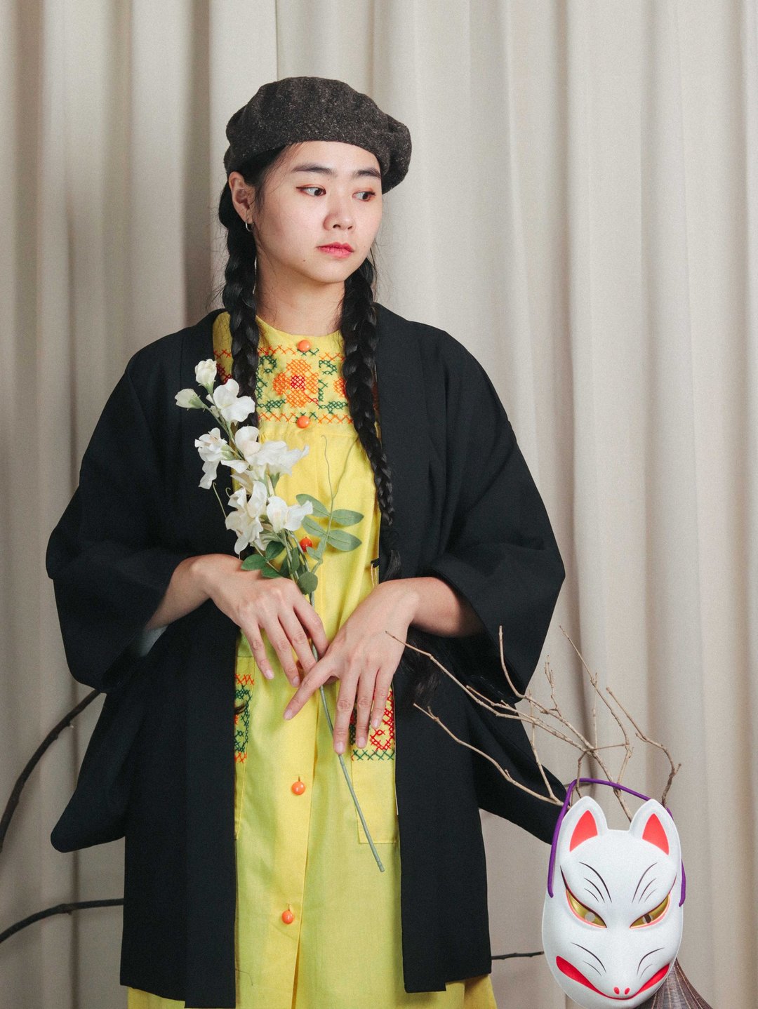 Tsubasa.Y│古着日本羽织A07 河流 黑色 和服 外罩 羽织 外套 - 男装外套 - 其他材质 黑色
