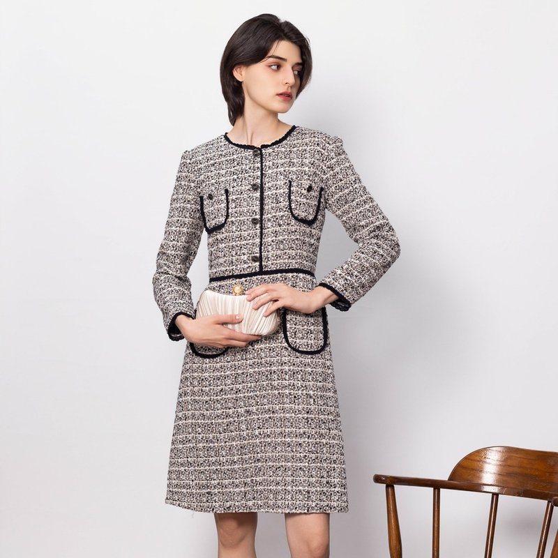 【MEDUSA】黑色滚边经典毛小香风洋装(M-XL) | 短洋装 毛洋装 - 洋装/连衣裙 - 棉．麻 黑色