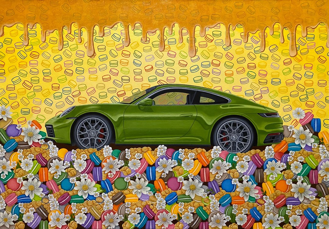 Sweet Drive，油画，油画，保时捷 911，糖果，雏菊，汽车艺术 - 墙贴/壁贴 - 其他材质 多色