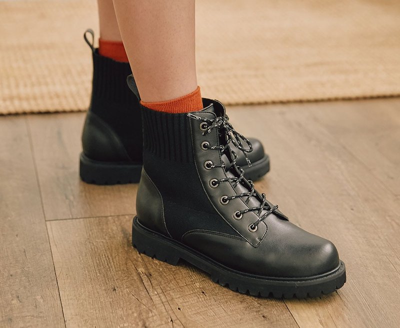 弹力轻量军靴 友善尺码36-45_黑 - 女款短靴 - 人造皮革 黑色