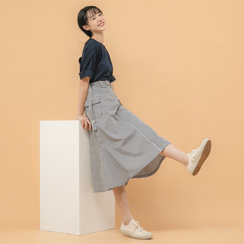 【经典原创】Sandbar_沙洲大口袋裙_CLB004_蓝条纹 - 裙子 - 棉．麻 