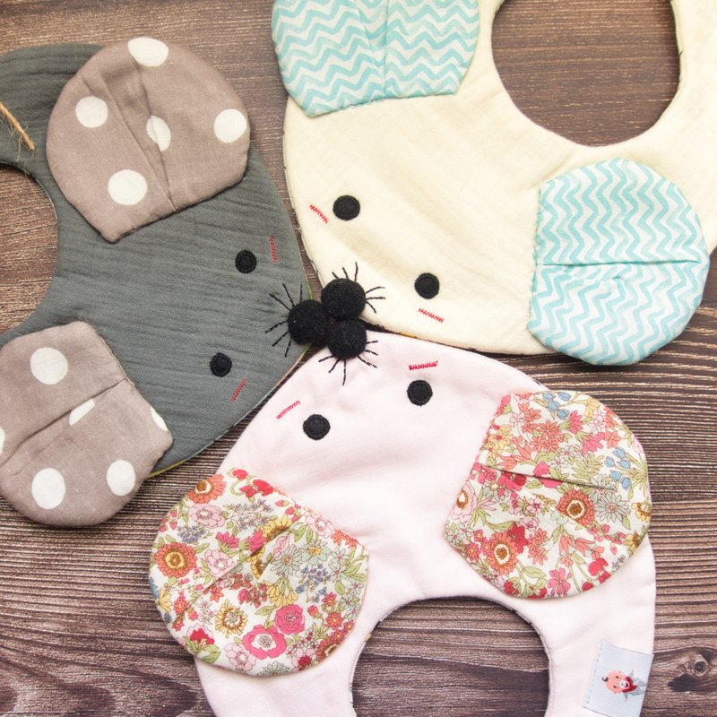 手工八层纱 生肖鼠造型围兜 可定制名字刺绣 - 围嘴/口水巾 - 棉．麻 灰色