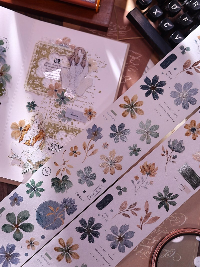 青书 轻复古盐系蓝绿小花卉和纸PET切模手帐贴胶带 - 纸胶带 - 其他材质 多色