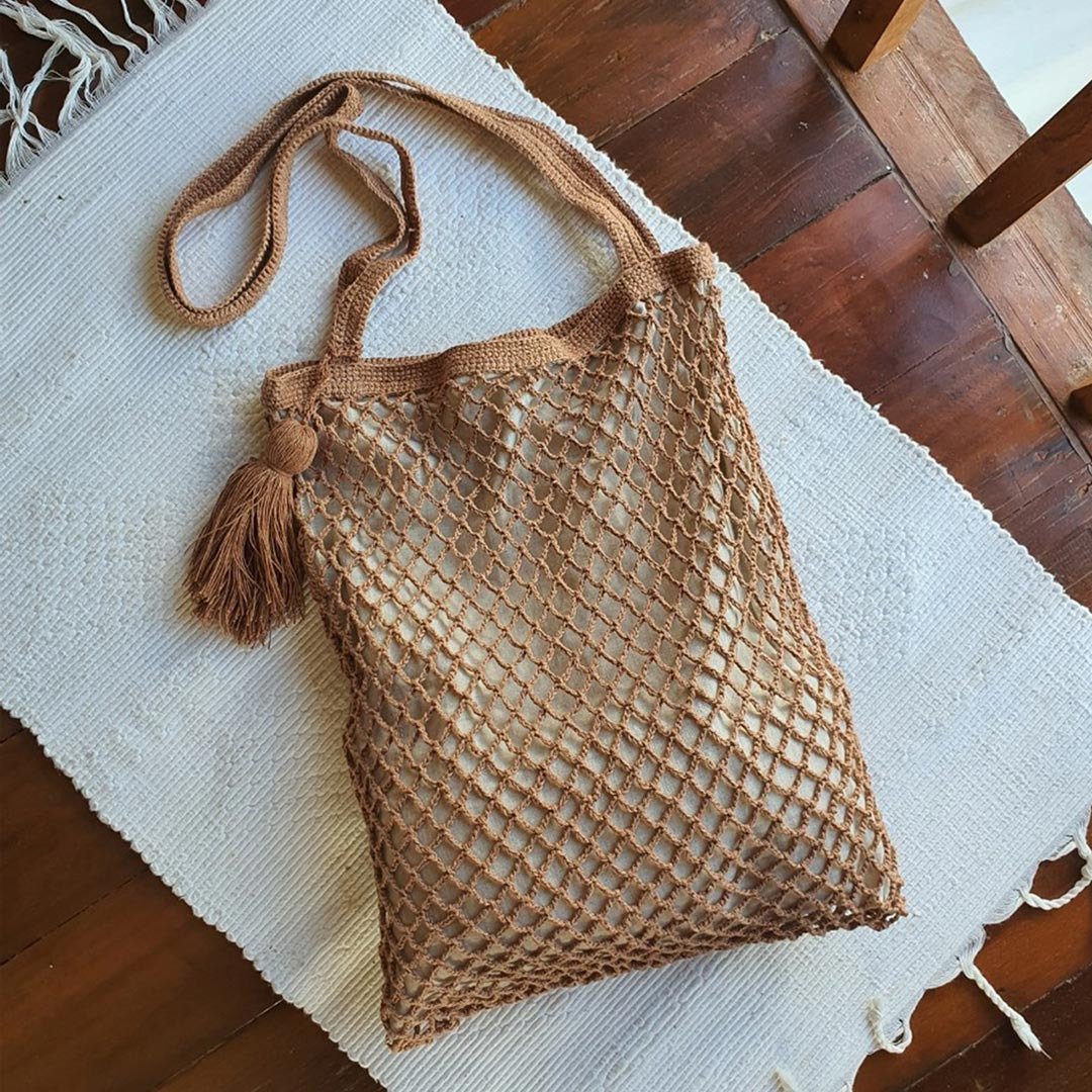Natural Dyed Cotton Hemp Tote Bag, Net Tote, Brown - 侧背包/斜挎包 - 棉 咖啡色