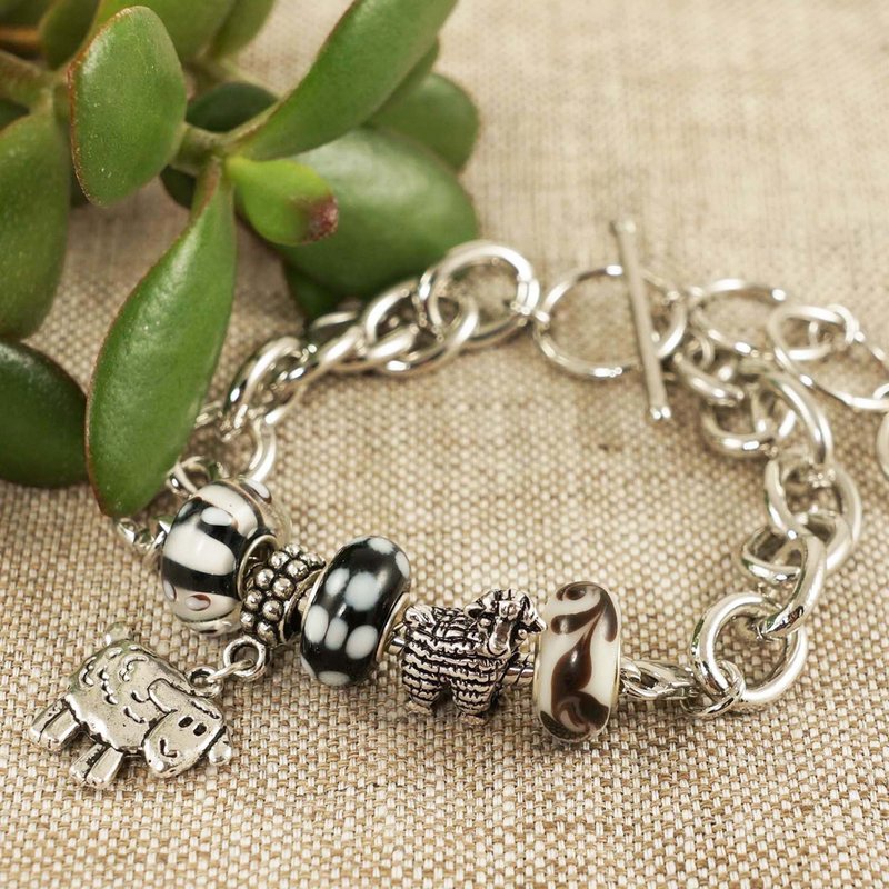 Sheep Aries Black White Lampwork Glass Silver Chain Euro Charm Bracelet Jewelry - 手链/手环 - 玻璃 黑色