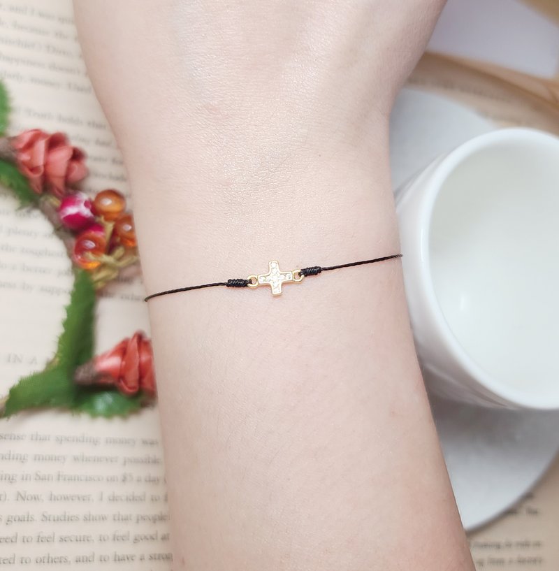 镀金 十字架 十字 许愿 水钻 手练 红绳 红线 幸福线 基督 - 手链/手环 - 纯银 黑色