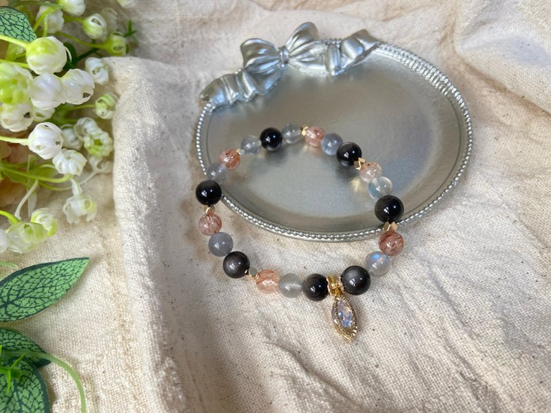 银曜石/黑金超七/拉长石 天然水晶手链 - 手链/手环 - 水晶 黑色