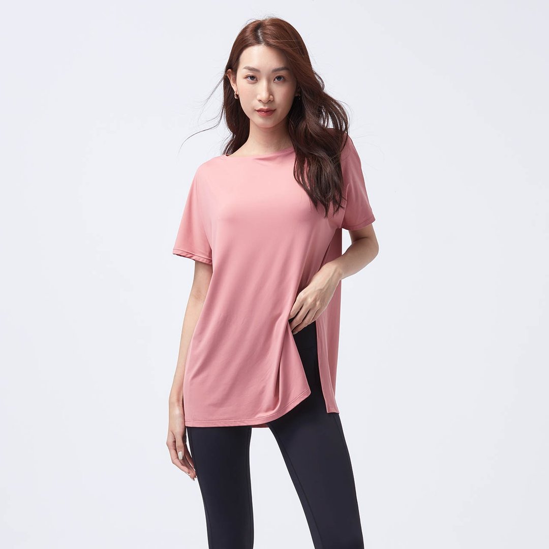 不可退换 /品牌研发-凉感侧开叉上衣-玫瑰 - 女装 T 恤 - 尼龙 粉红色