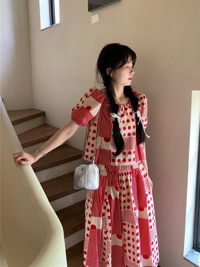 红色波点 日系小众 新品 棉布衬衫半身裙 两件套装 高腰A字 洋装 - 女装衬衫 - 棉．麻 红色