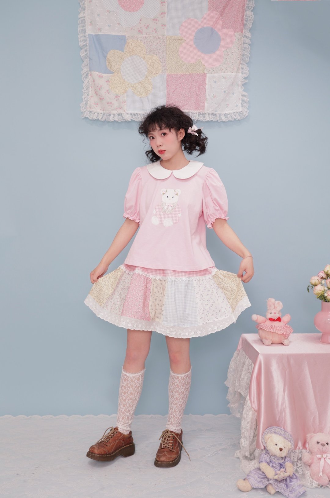 甜美少女 碎花格子拼布花边半裙 - 裙子 - 其他材质 粉红色