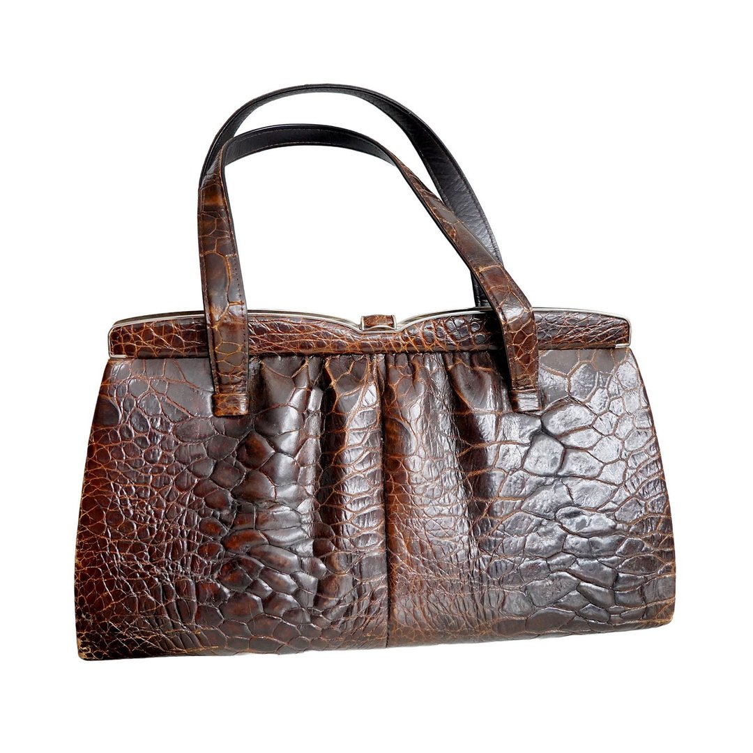 Sac à Main en Cuir de Crocodile Marron Vintage - 侧背包/斜挎包 - 真皮 咖啡色